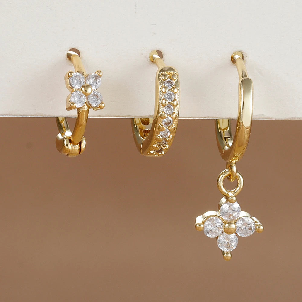 3-Piece Stainless Steel Flower Drop Earrings Set with Cubic Zirconia – Hypoallergenic Floral Dangle Earrings for Women