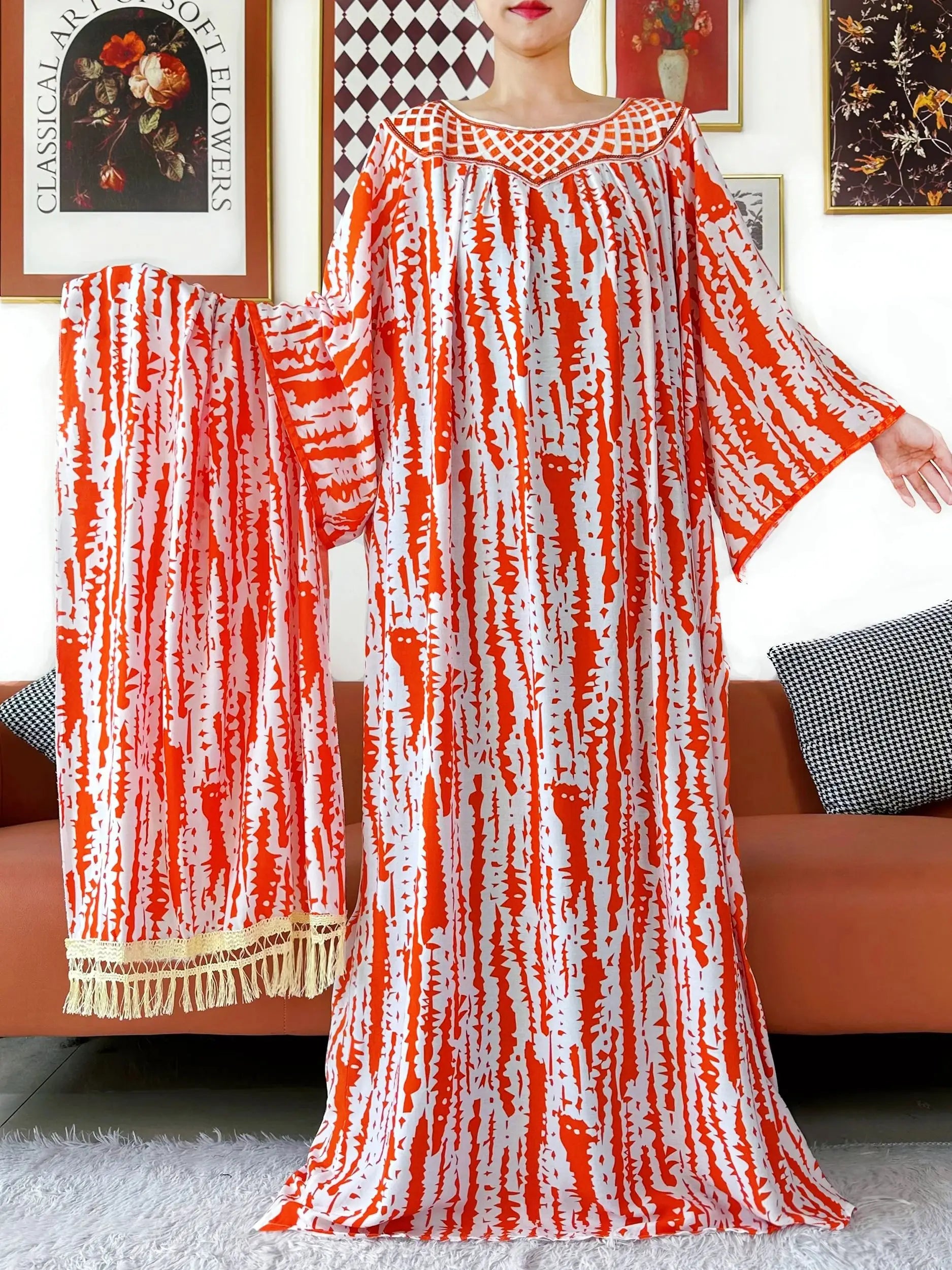 Embroidered Cotton Abaya Dress – Loose Boho Maxi Kaftan with Tassel Detail (One Size, 6 Colours)