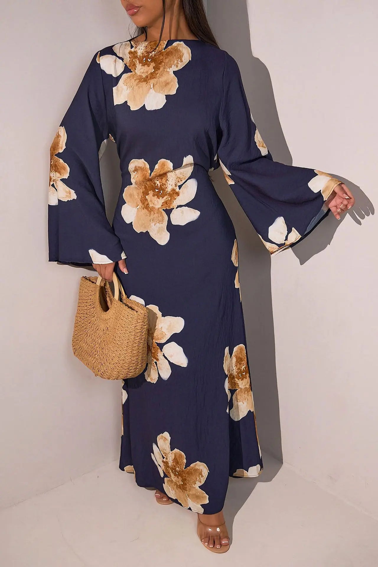 Elariah Floral Print Modest Kaftan Abaya Dress – Long Sleeve Maxi Jalabiya for Eid, Ramadan & Special Occasions