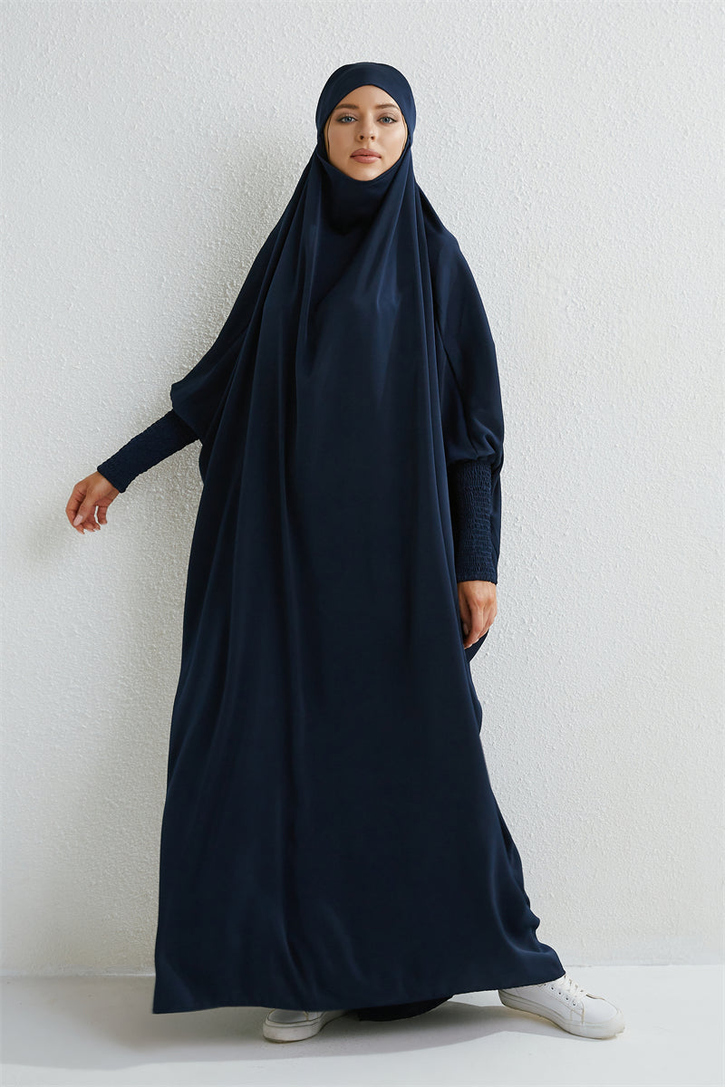 Elariah Hooded Modest Abaya Dress – Loose Fit One-Piece Jilbab with Smocked Sleeves (Black)
