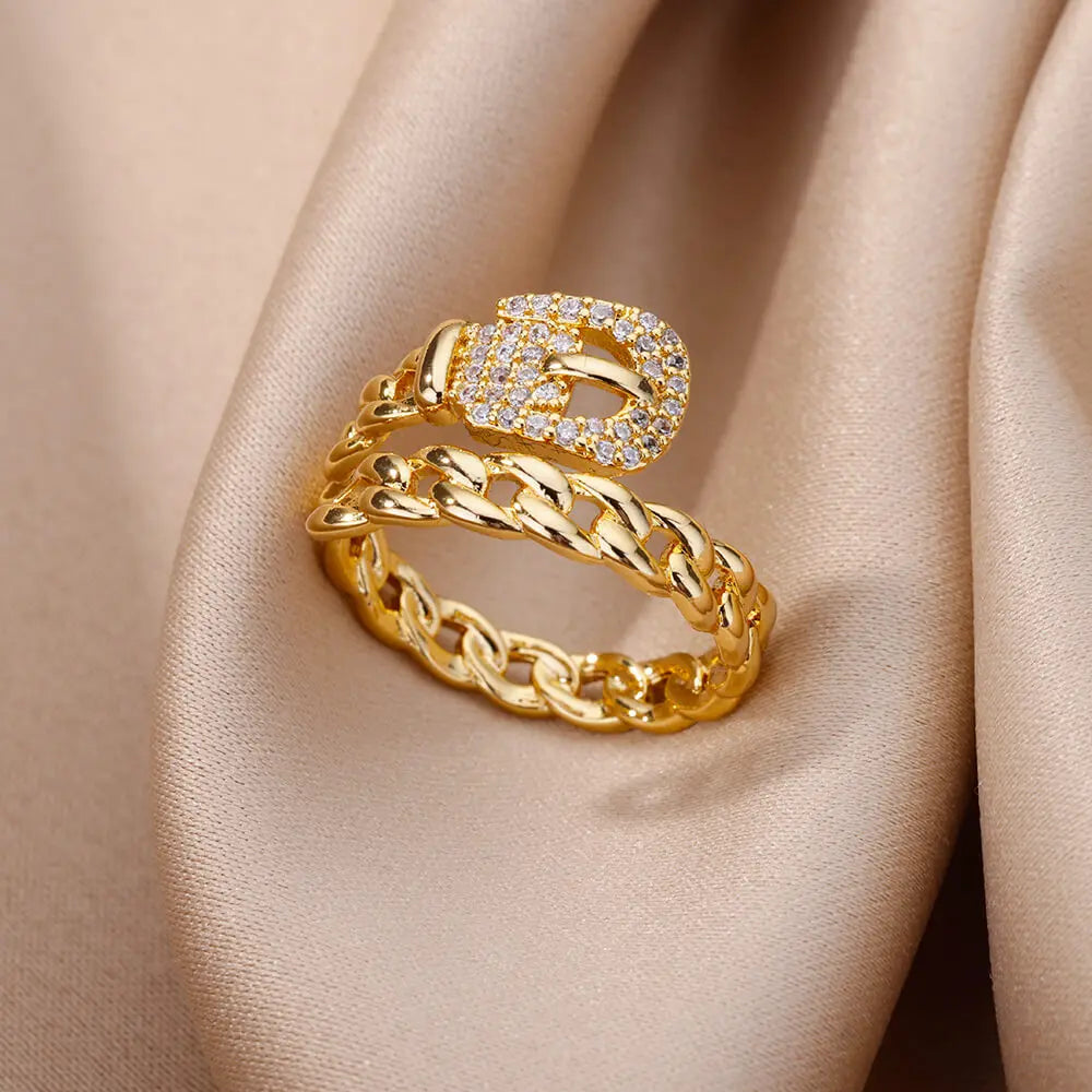 ELARIAH 18K Gold Plated Zircon Geometric Open Ring – Adjustable Stainless Steel Wedding & Party Band for Women