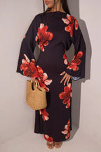 Elariah Floral Print Modest Kaftan Abaya Dress – Long Sleeve Maxi Jalabiya for Eid, Ramadan & Special Occasions