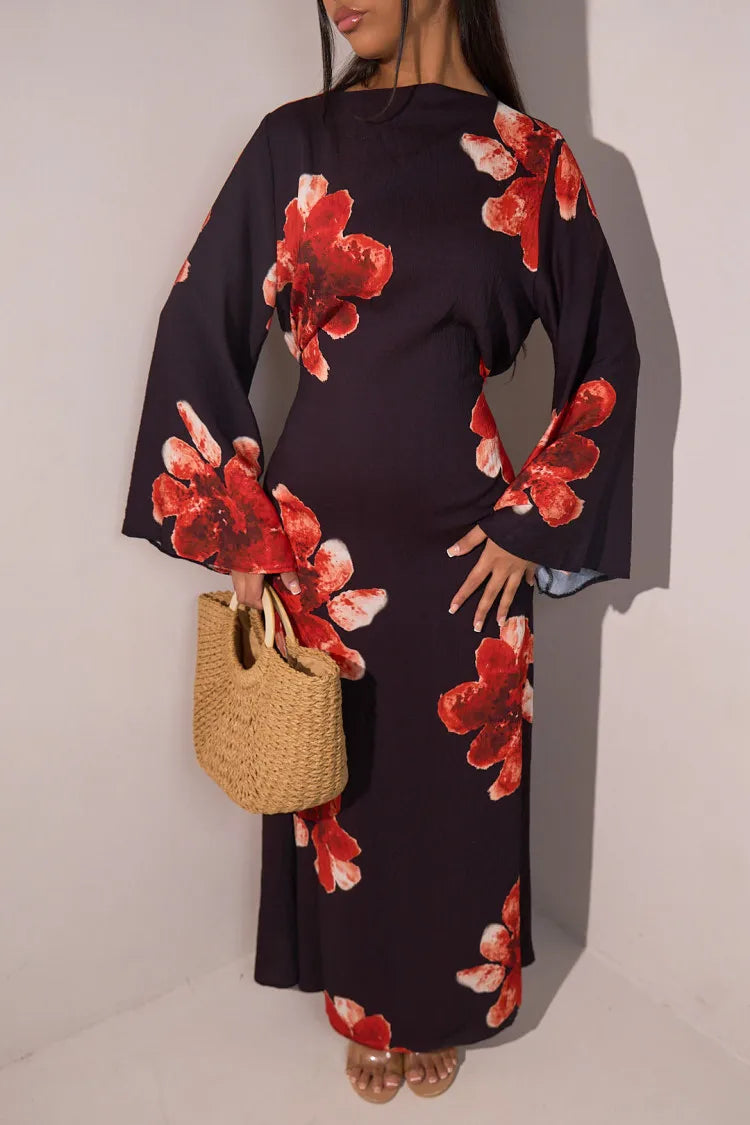 Elariah Floral Print Modest Kaftan Abaya Dress – Long Sleeve Maxi Jalabiya for Eid, Ramadan & Special Occasions
