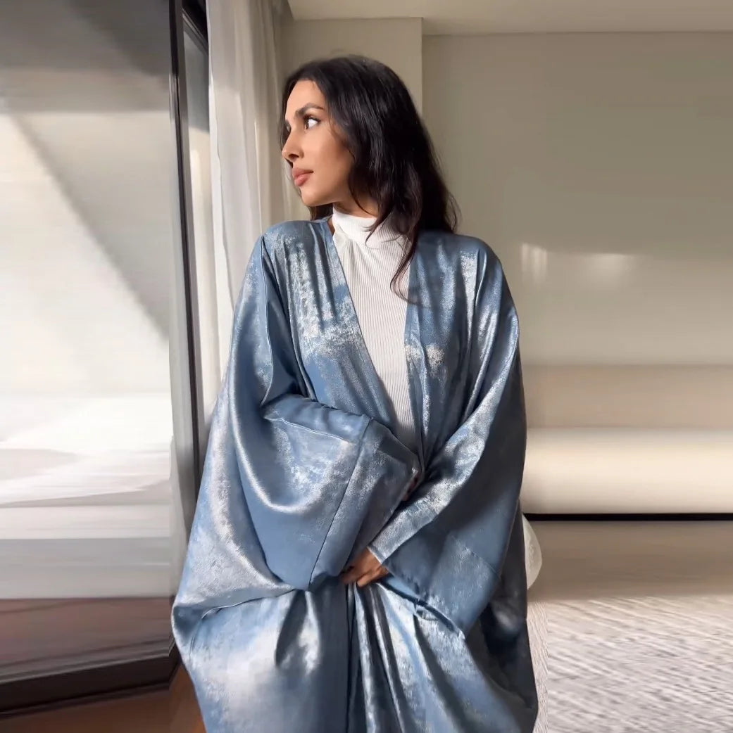 Luxury Satin Batwing Abaya Kimono – Shiny Open Front Maxi Kaftan for Ramadan, Eid & Evening Wear