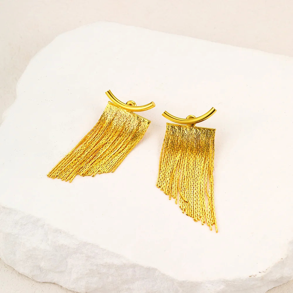 Gold Bling Tassel Statement Earrings – Elegant Long Drop Design for Women