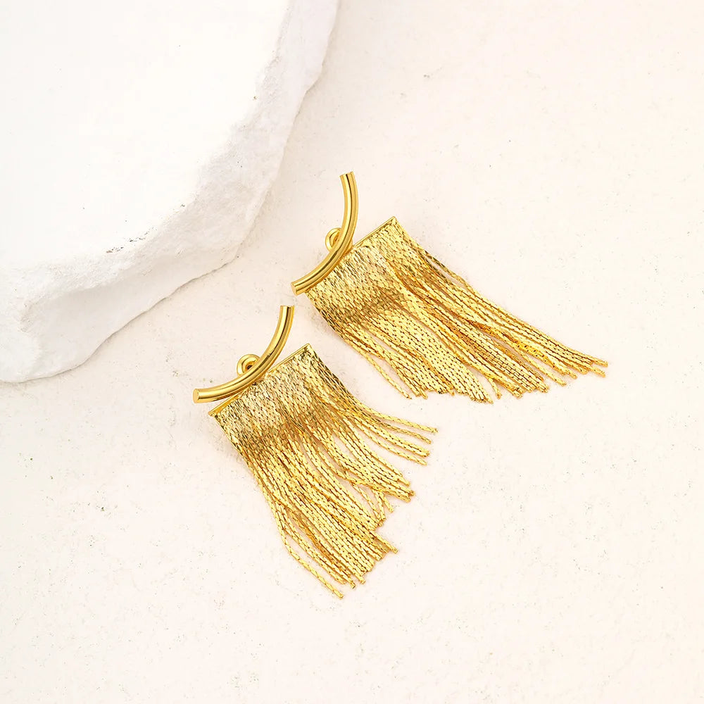 Gold Bling Tassel Statement Earrings – Elegant Long Drop Design for Women