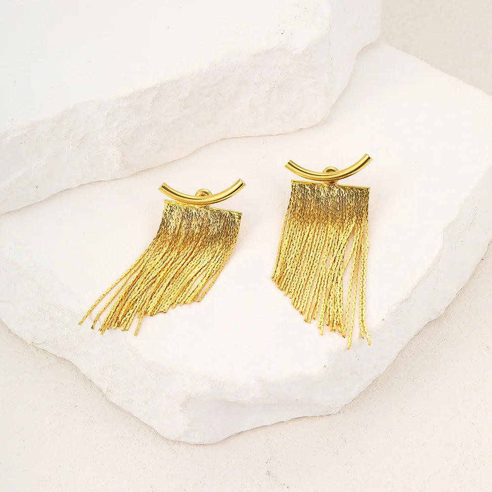 Gold Bling Tassel Statement Earrings – Elegant Long Drop Design for Women