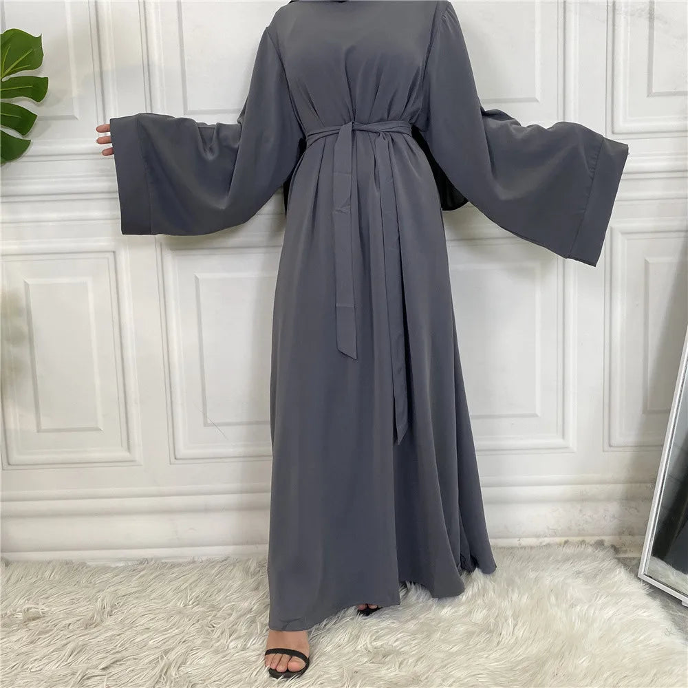 Elegant Modest Maxi Dress with Waist Tie – Long Sleeve Woven Abaya Style Dress for Women (All Season)