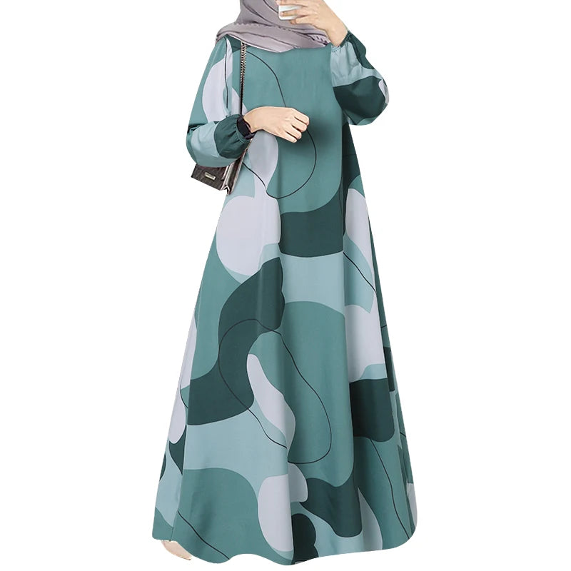 Robe Kaftan Longue Imprimée Femme Elariah – Coupe Ample Manches Longues Col Rond Abaya Modeste Coupe Trapèze