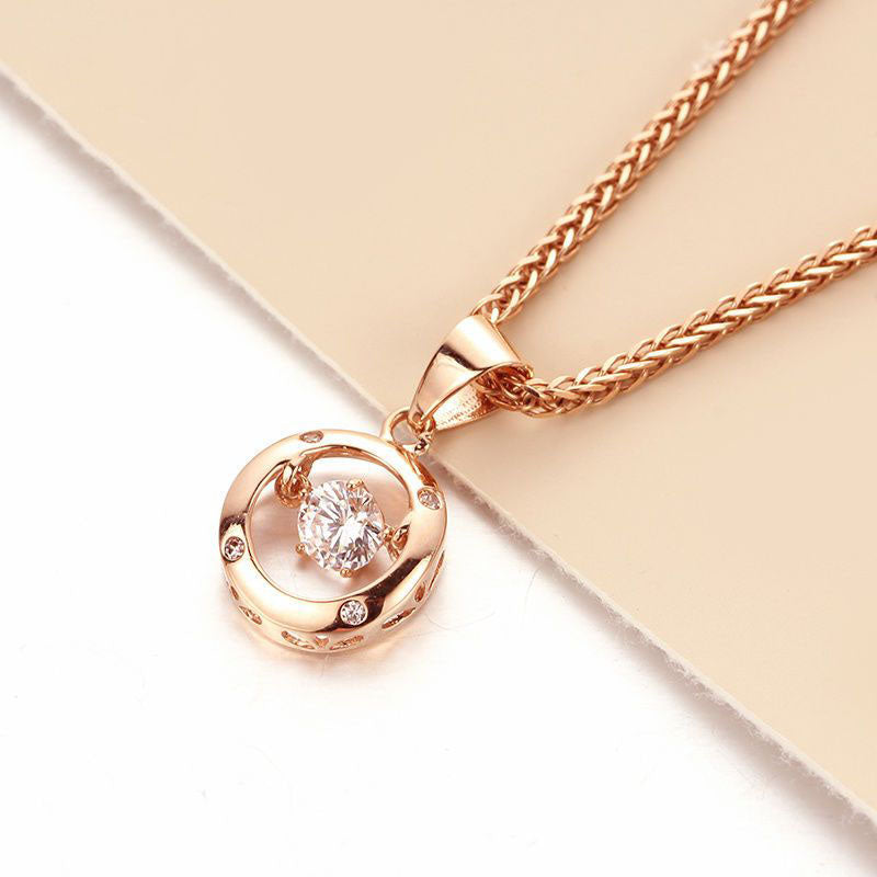 14K Rose Gold Round Crystal Pendant Necklace – Classic Zircon Clavicle Chain for Women