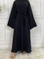 Elegant Modest Maxi Dress with Waist Tie – Long Sleeve Woven Abaya Style Dress for Women (All Season)