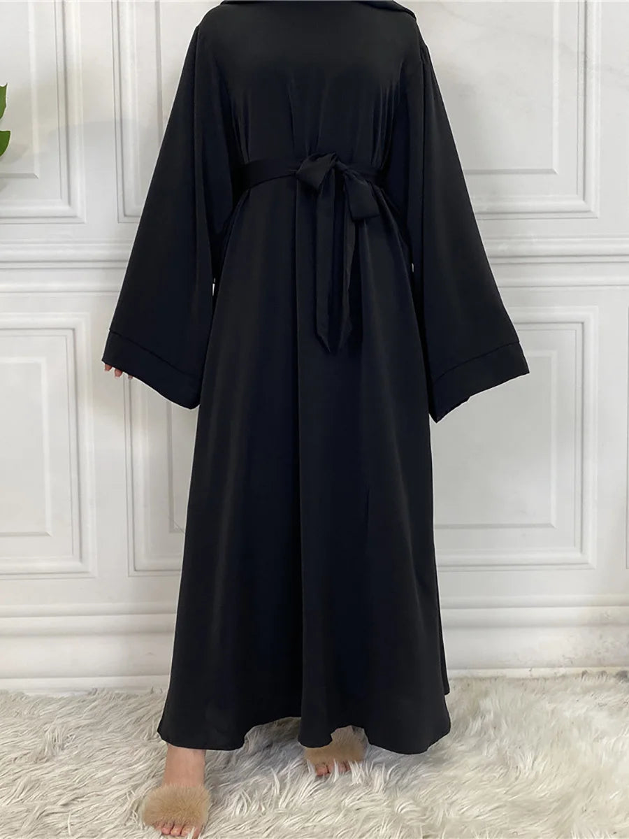 Elegant Modest Maxi Dress with Waist Tie – Long Sleeve Woven Abaya Style Dress for Women (All Season)