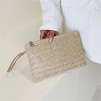 Elariah Woven Straw Wristlet Clutch Bag – Bohemian Summer Beach Handbag with Zipper (White, Khaki, Beige)