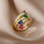 Luxury Gold-Plated Heart Ring with Colorful Zircon Stones – Adjustable Stainless Steel Cocktail Ring for Women