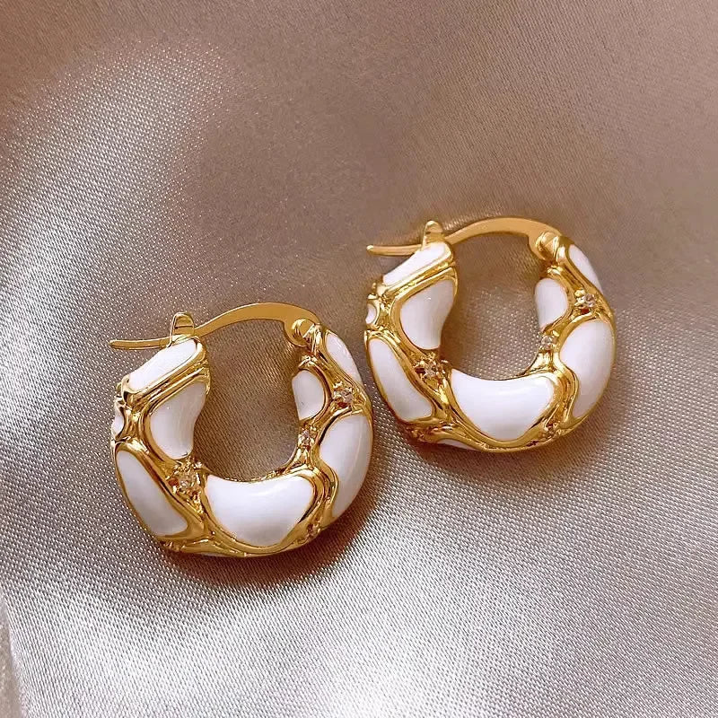 Vintage Enamel Small Hoop Earrings – Gold Plated Textured Statement Hoops for Women