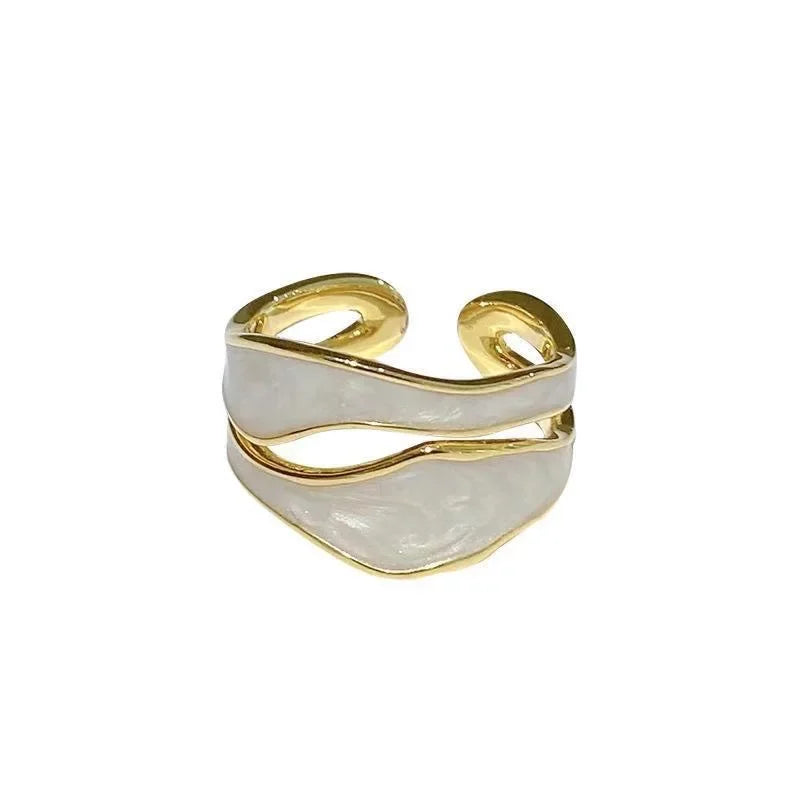 Bague ajustable géométrique vintage en émail blanc – Bague cocktail ouverte irrégulière pour femme
