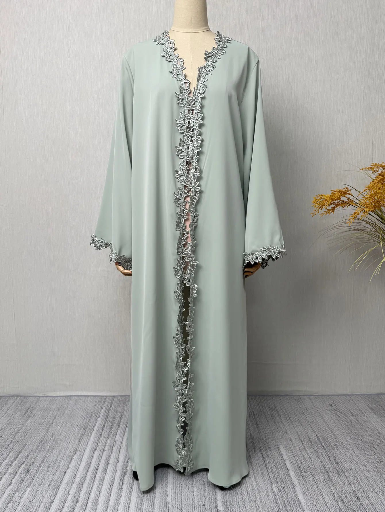 Elegant Beige Embroidered Abaya for Women – Dubai Style Modest Open Front Maxi Dress with Multicolour Detailing (All-Season)