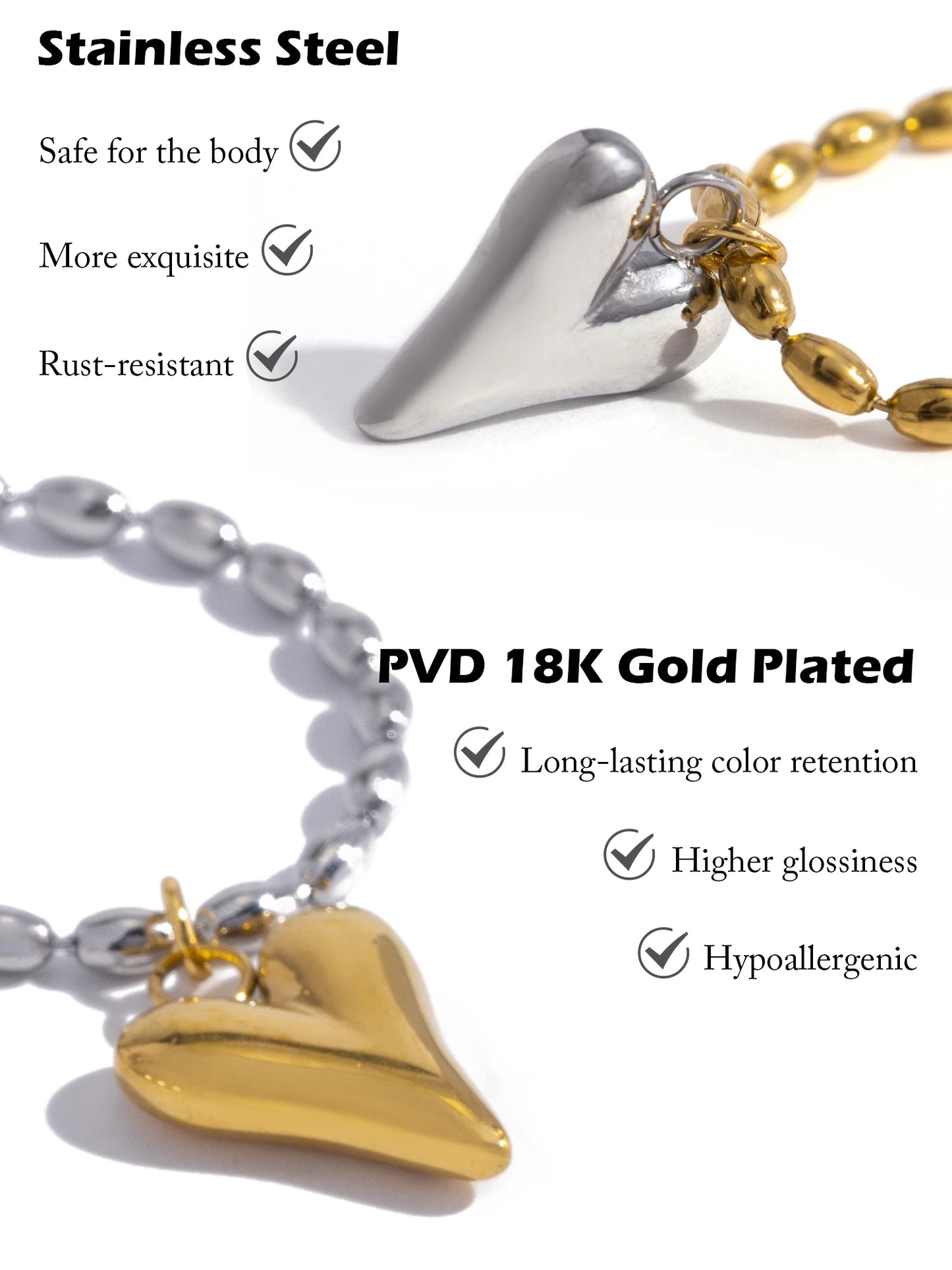 18K Gold Plated Heart Pendant Necklace – Stainless Steel Bead Chain, Dainty Romantic Jewelry for Women