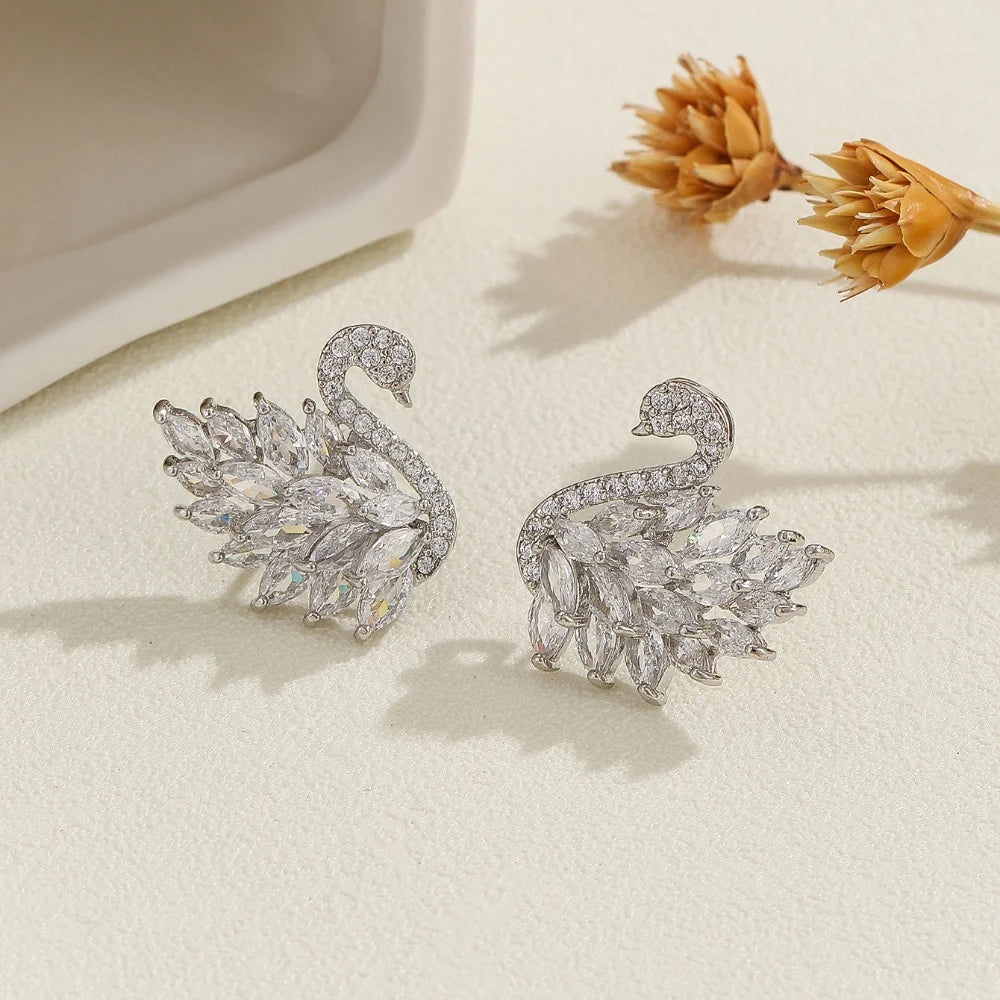 Swan Zircon Stud Earrings for Women – Gold Plated Copper Long Swan Earrings with Micro-Pavé Cubic Zirconia | Elegant Goddess Style Jewelry