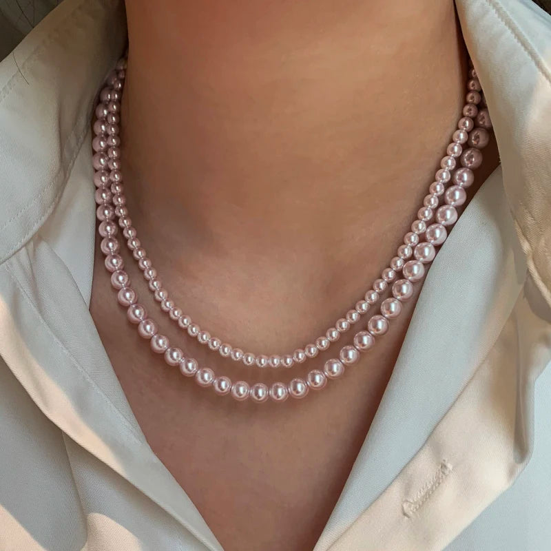 Rose Purple Simulated Pearl Beaded Necklace – Elegant Gold Plated Clavicle Chain for Women