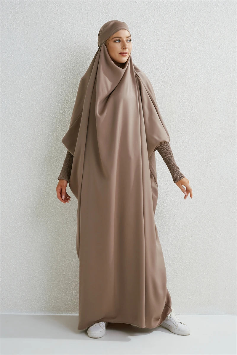 Elariah Hooded Modest Abaya Dress – Loose Fit One-Piece Jilbab with Smocked Sleeves (Black)