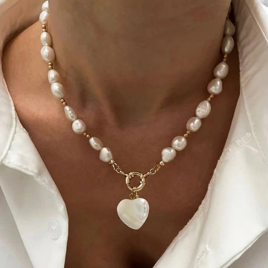 Elegant Irregular Pearl Multi-Layer Necklace with Heart Pendant – Classic Choker Jewelry for Women