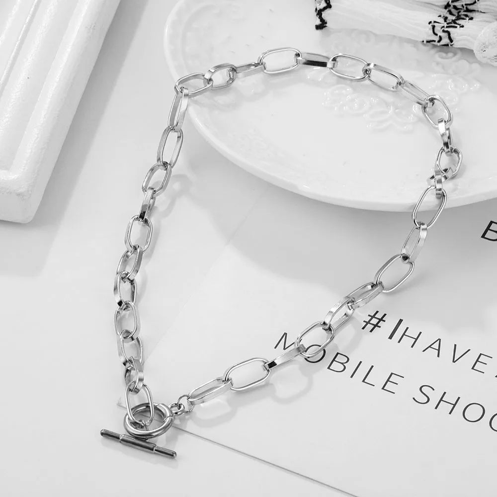 Stainless Steel Thick Chain Necklace – Unisex Punk Choker Jewelry for Women & Men