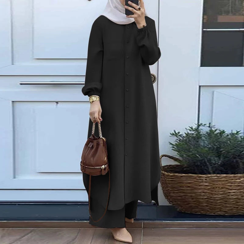 Elariah Modest Co-Ord Abaya Set – Long Sleeve Button Shirt & Wide-Leg Trousers | Casual Islamic Outfit for Women