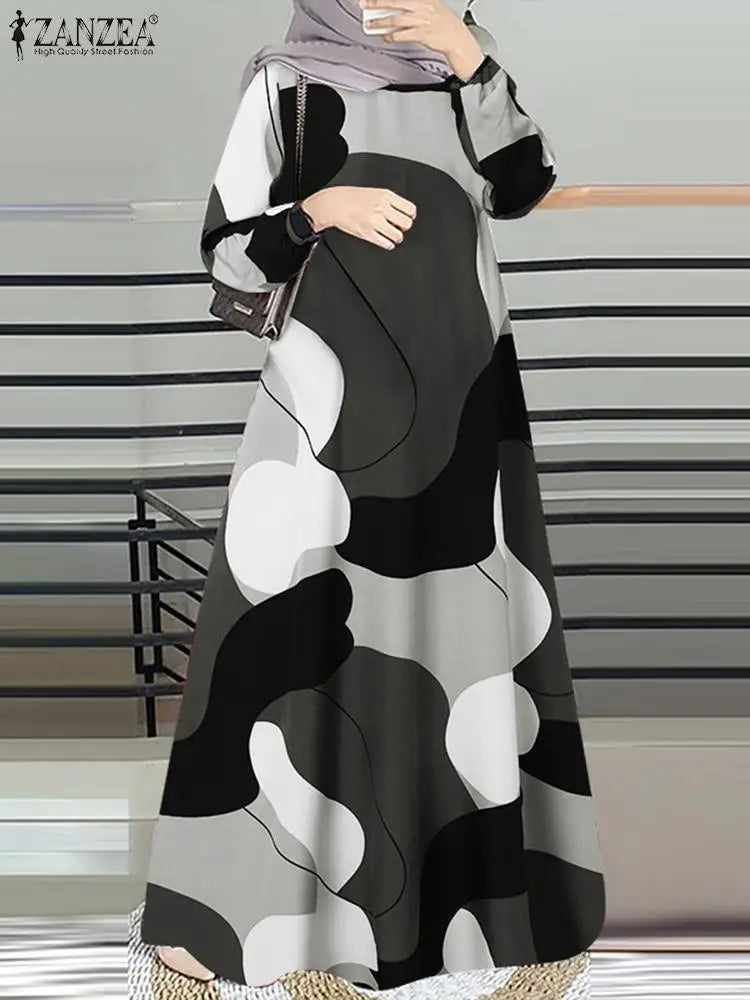 Robe Kaftan Longue Imprimée Femme Elariah – Coupe Ample Manches Longues Col Rond Abaya Modeste Coupe Trapèze