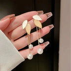 Pearl Petal Ball Drop Earrings – Long Geometric Flower Earrings for Women