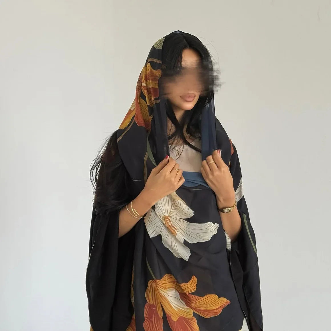 Elariah Women's Floral Print Open Front Abaya with Matching Hijab Scarf – Modest Maxi Cardigan Kaftan, Black Polyester