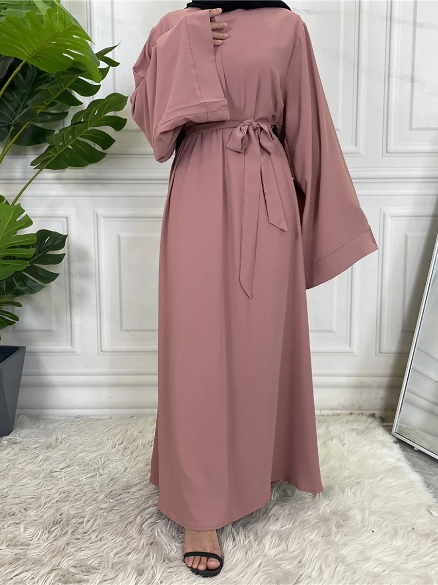 Elegant Modest Maxi Dress with Waist Tie – Long Sleeve Woven Abaya Style Dress for Women (All Season)