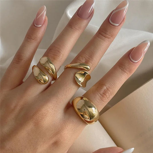 3-Piece Gold Plated Geometric Open Ring Set – Chunky, Irregular & Trendy Statement Rings for Women