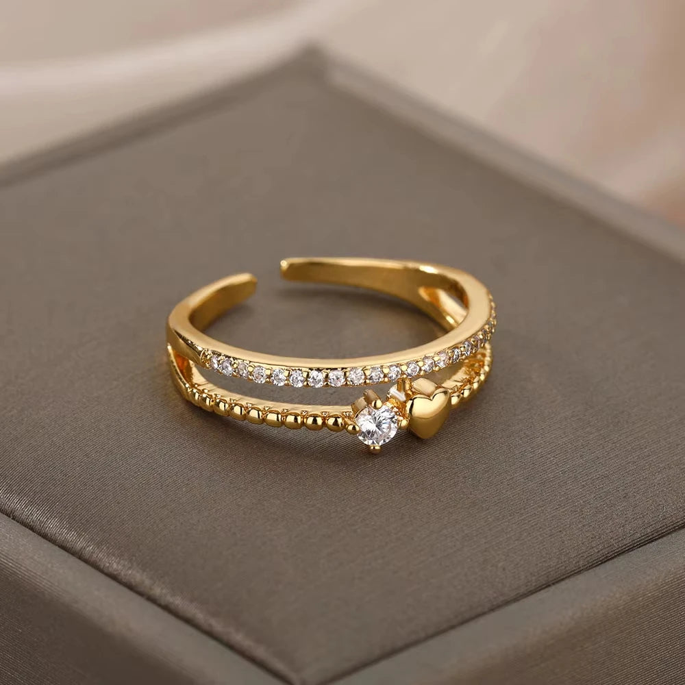 ELARIAH 18K Gold Plated Zircon Geometric Open Ring – Adjustable Stainless Steel Wedding & Party Band for Women