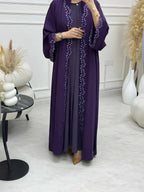 Elegant Beige Embroidered Abaya for Women – Dubai Style Modest Open Front Maxi Dress with Multicolour Detailing (All-Season)