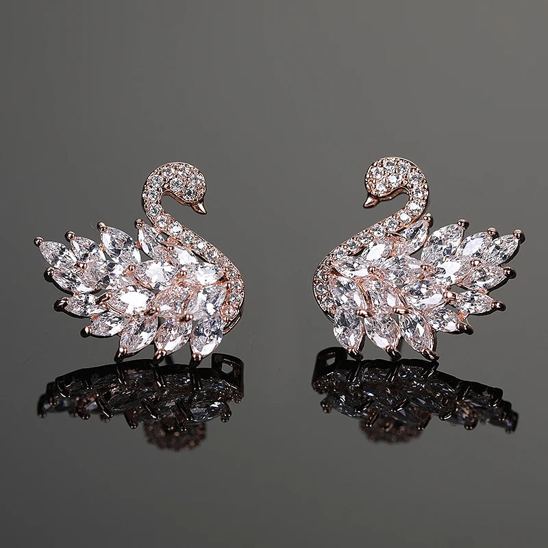 Swan Zircon Stud Earrings for Women – Gold Plated Copper Long Swan Earrings with Micro-Pavé Cubic Zirconia | Elegant Goddess Style Jewelry