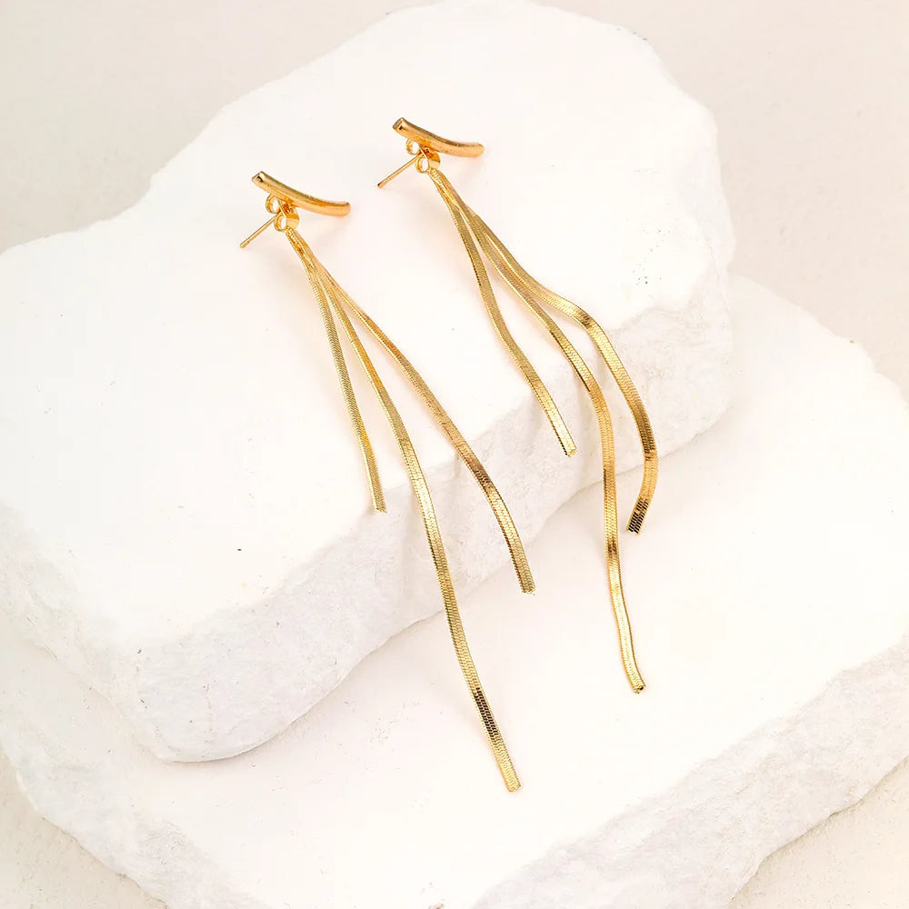 Gold Bling Tassel Statement Earrings – Elegant Long Drop Design for Women