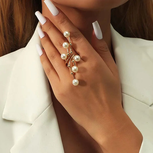 Vintage White Pearl Double-Layer Geometric Ring – Chunky Statement Ring for Women