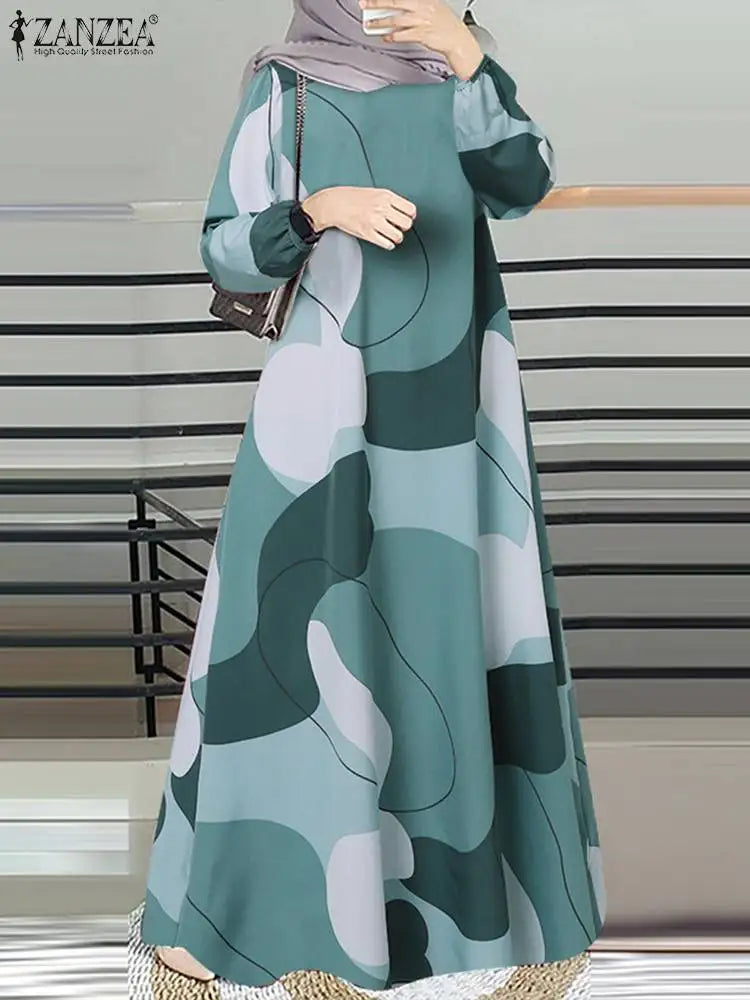 Robe Kaftan Longue Imprimée Femme Elariah – Coupe Ample Manches Longues Col Rond Abaya Modeste Coupe Trapèze