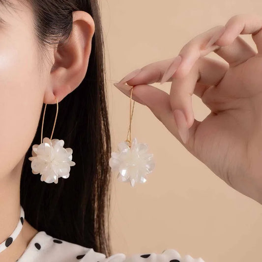Pearl Petal Ball Drop Earrings – Long Geometric Flower Earrings for Women