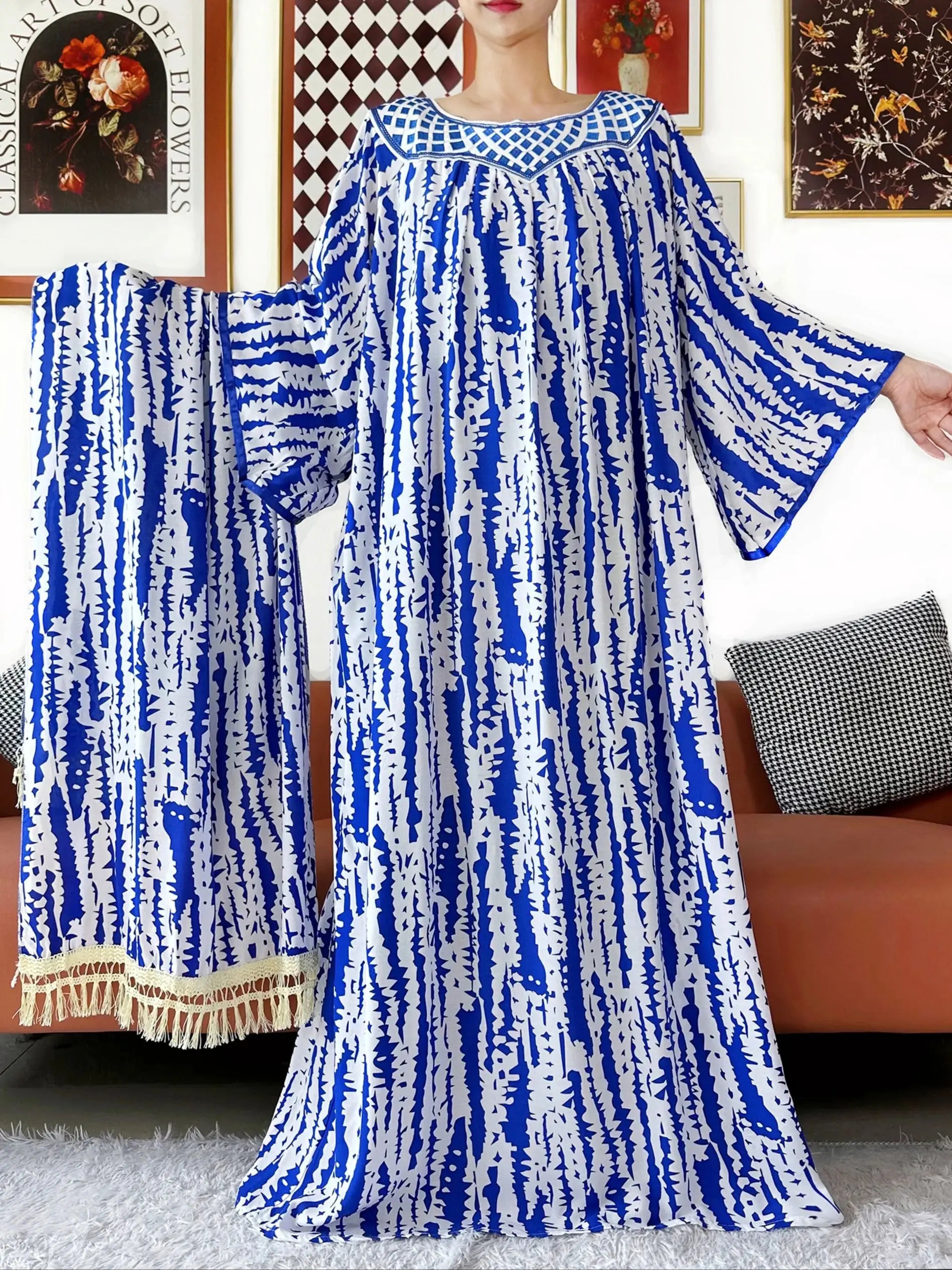 Embroidered Cotton Abaya Dress – Loose Boho Maxi Kaftan with Tassel Detail (One Size, 6 Colours)