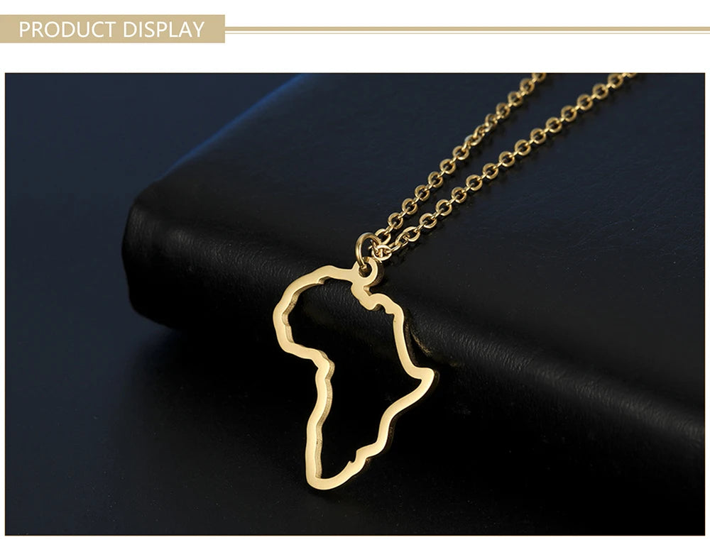 Collier pendentif tendance carte d'Afrique pour femme – Collier géométrique en acier inoxydable, coloris or, or rose ou acier.