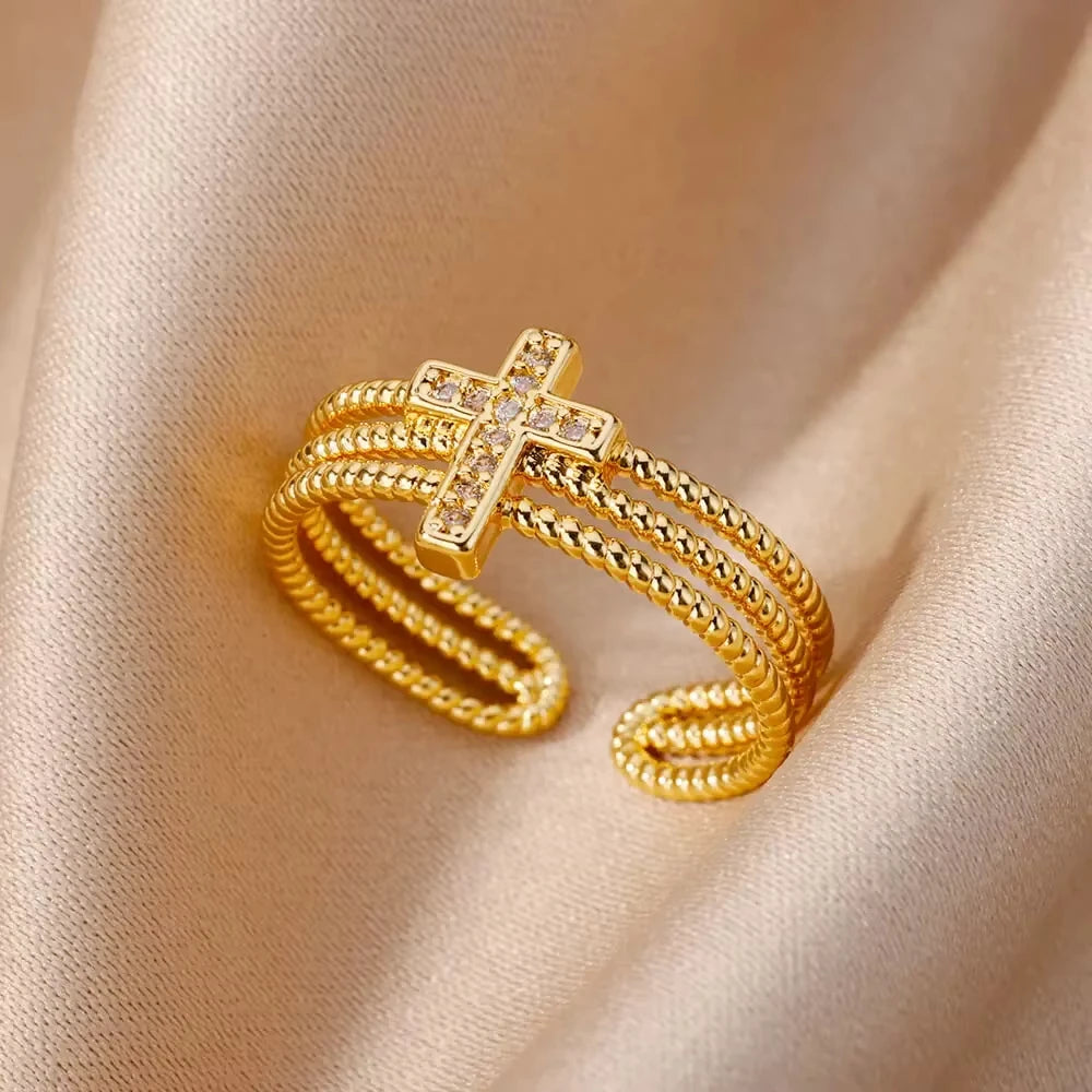 ELARIAH 18K Gold Plated Zircon Geometric Open Ring – Adjustable Stainless Steel Wedding & Party Band for Women