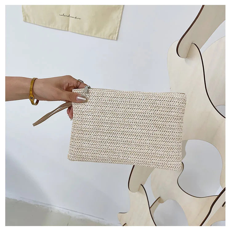 Elariah Woven Straw Wristlet Clutch Bag – Bohemian Summer Beach Handbag with Zipper (White, Khaki, Beige)