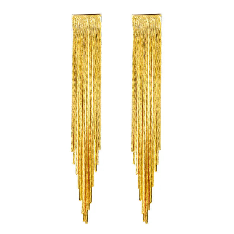 Gold Bling Tassel Statement Earrings – Elegant Long Drop Design for Women