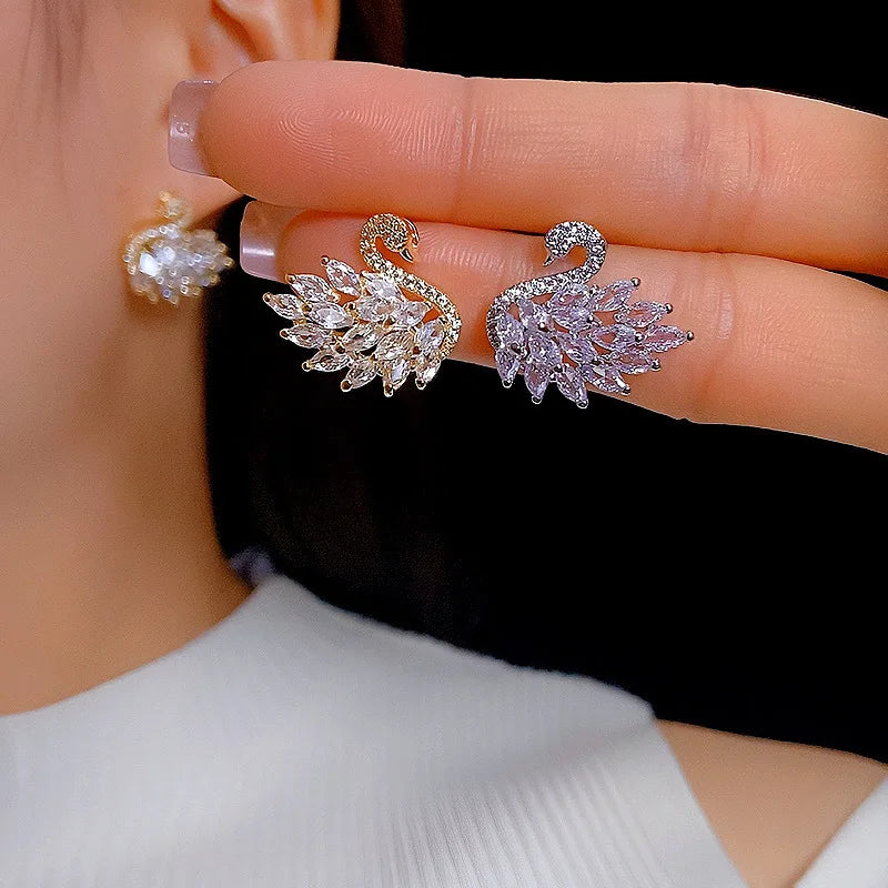 Swan Zircon Stud Earrings for Women – Gold Plated Copper Long Swan Earrings with Micro-Pavé Cubic Zirconia | Elegant Goddess Style Jewelry