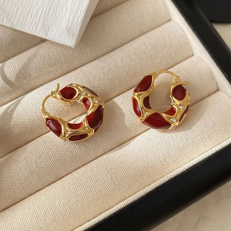 Vintage Enamel Small Hoop Earrings – Gold Plated Textured Statement Hoops for Women