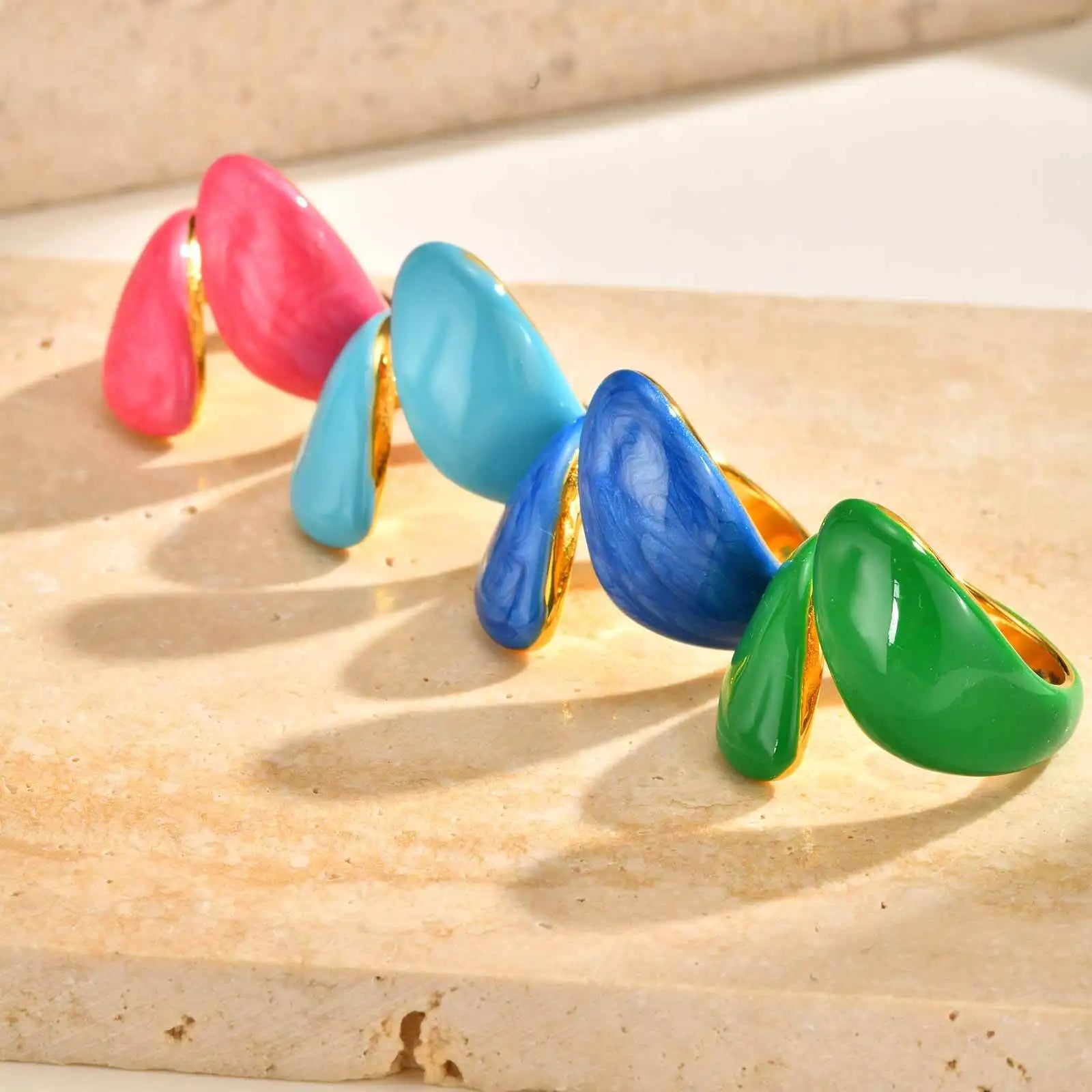 Chunky Enamel Twist Ring for Women – Gold Plated Stainless Steel Open Crossover Statement Ring, Waterproof Stackable Band (Blue/Green/Pink)