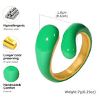 Chunky Enamel Twist Ring for Women – Gold Plated Stainless Steel Open Crossover Statement Ring, Waterproof Stackable Band (Blue/Green/Pink)