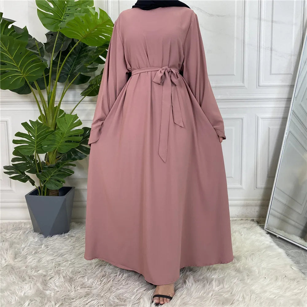 Elegant Modest Maxi Dress with Waist Tie – Long Sleeve Woven Abaya Style Dress for Women (All Season)